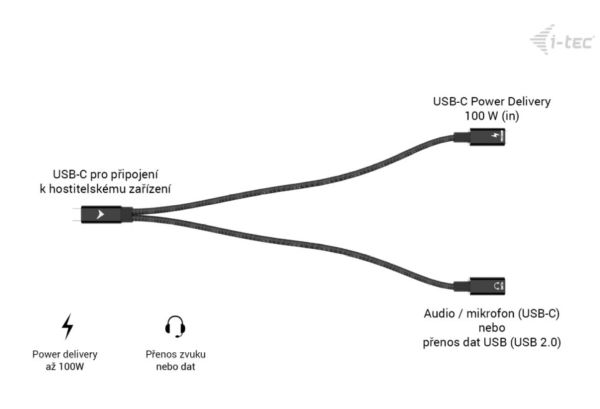 i-tec USB-C Cable Splitter Audio/Data + Power Delivery 100W
