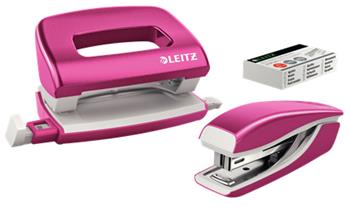 LEITZ Set mini sešívačky a děrovačky WOW, metalická růžová